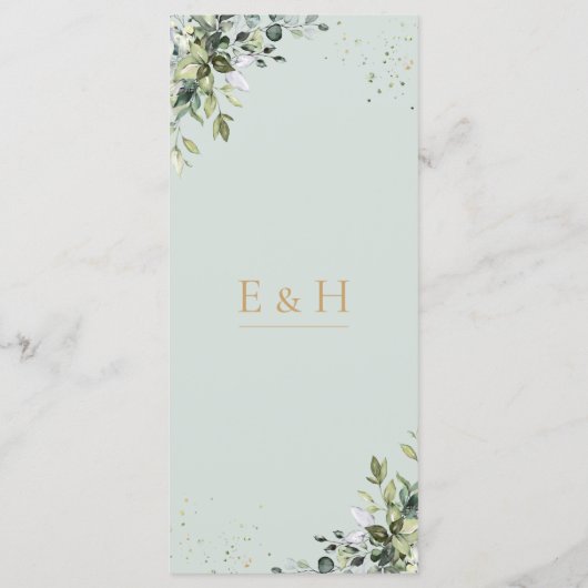Sage green gold eucalyptus geometric wedding menu (Achterkant)