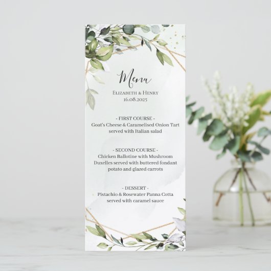 Sage green gold eucalyptus geometric wedding menu (Staand voorkant)