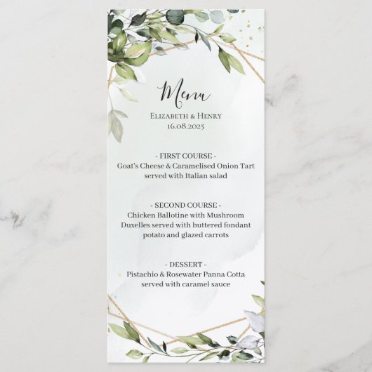 Sage green gold eucalyptus geometric wedding menu (Voorkant)