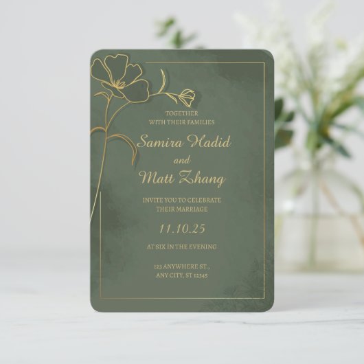 Sage Green Gold Floral Elegant Wedding Invitation (Staand voorkant)