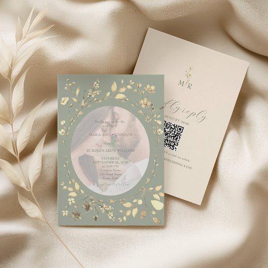 Sage Green Gold Floral Photo Wedding Kaart