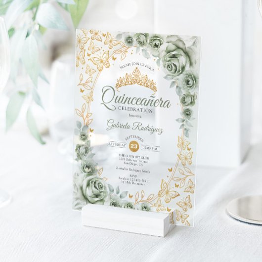 Sage Green Gold Floral Quinceanera Acryl Uitnodigingen