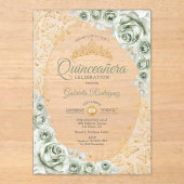 Sage Green Gold Floral Quinceanera Acryl Uitnodigingen (Voorkant)