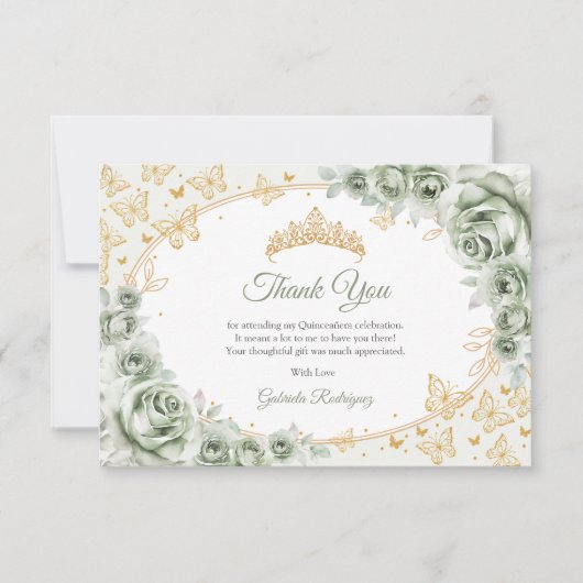 Sage Green Gold Floral Quinceanera Bedankkaart (Voorkant)
