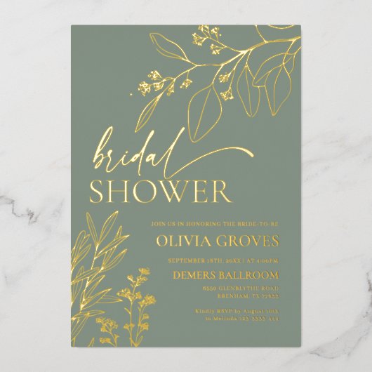 Sage Green Gold Folie Bruids Douche Uitnodiging (Voorkant)