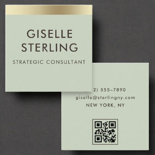 Sage Green Gold Folie Luxe QR Code Minimaal Vierkante Visitekaartje