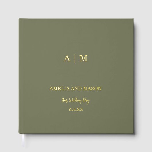 Sage Green & Gold Folie Monogram Trouwboek Gastenboek (Voorkant)