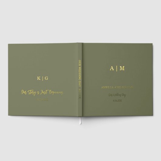 Sage Green & Gold Folie Monogram Trouwboek Gastenboek (Volledig)