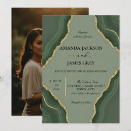 Sage Green Gold Geode Photo Back Wedding  Kaart