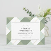 Sage Green & Gold Gingham Check Holiday Open House Kaart (Staand voorkant)