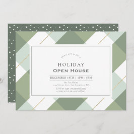 Sage Green & Gold Gingham Check Holiday Open House Kaart