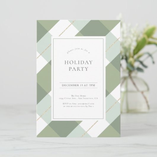 Sage Green & Gold Gingham Kerstfeest Kaart (Staand voorkant)
