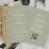 Sage Green Gold Glitter QR Code Wedding Kaart