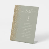 Sage Green Gold Glitter Trouwtafel Nummer Reclamebord Met Voetstuk (Voorkant)