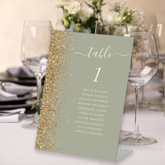 Sage Green Gold Glitter Trouwtafel Nummer Reclamebord Met Voetstuk