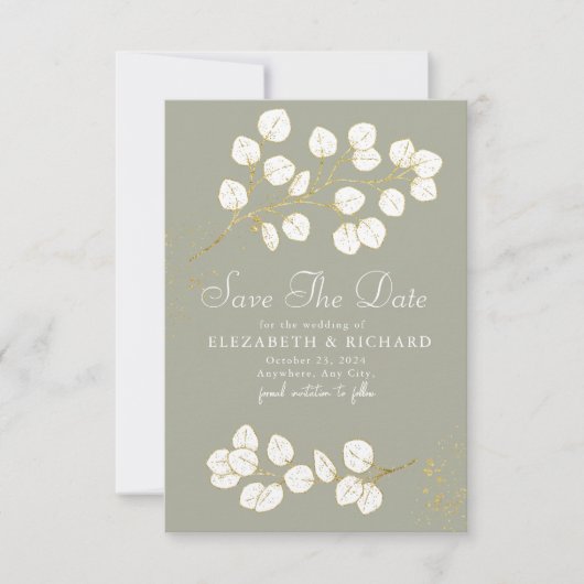 Sage Green Gold Greenery Eucalyptus Bladeren Save The Date (Voorkant)