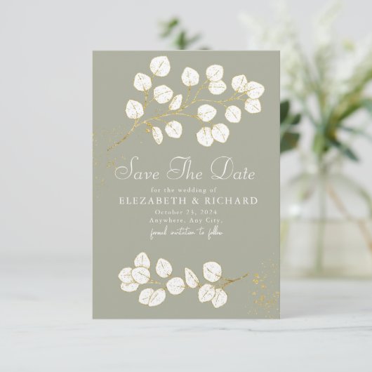 Sage Green Gold Greenery Eucalyptus Bladeren Save The Date (Staand voorkant)