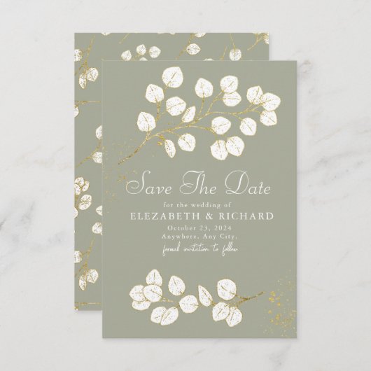 Sage Green Gold Greenery Eucalyptus Bladeren Save The Date (Voorkant / Achterkant)