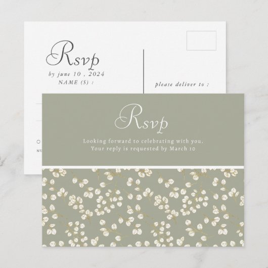 Sage Green Gold Greenery Wedding RSVP Briefkaart (Voorkant / Achterkant)