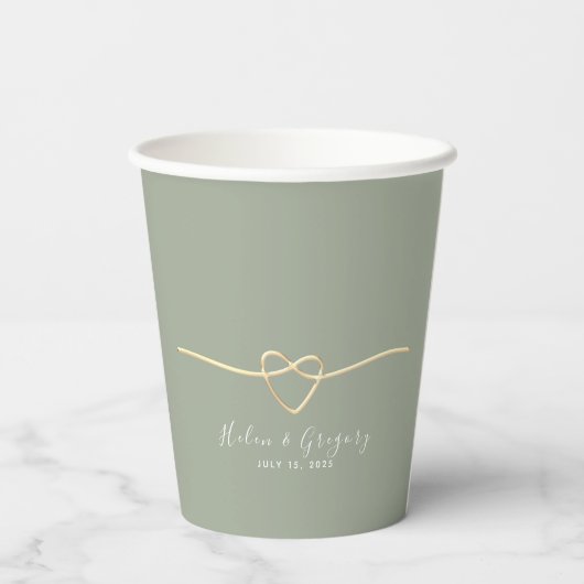 Sage Green & Gold Heart Trouwpapier Cups Papieren Bekers (Achterkant)
