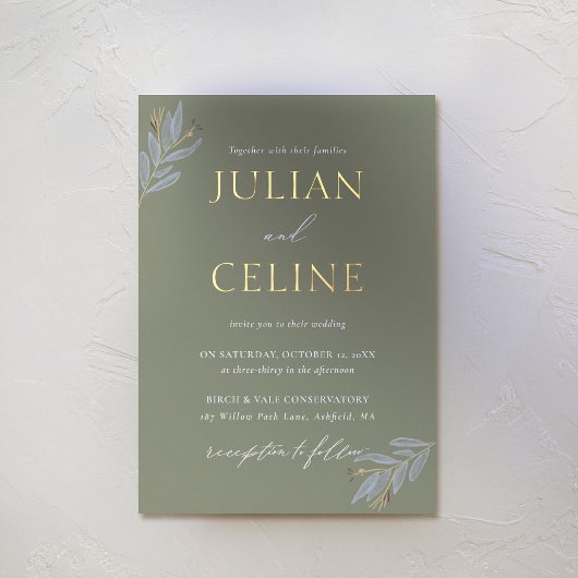 Sage Green Gold Herfst Winter Greenery Wedding Folie Uitnodiging