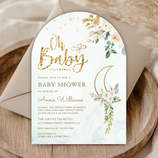 Sage Green Gold Ivoor Floral Moon Arch Baby shower Kaart