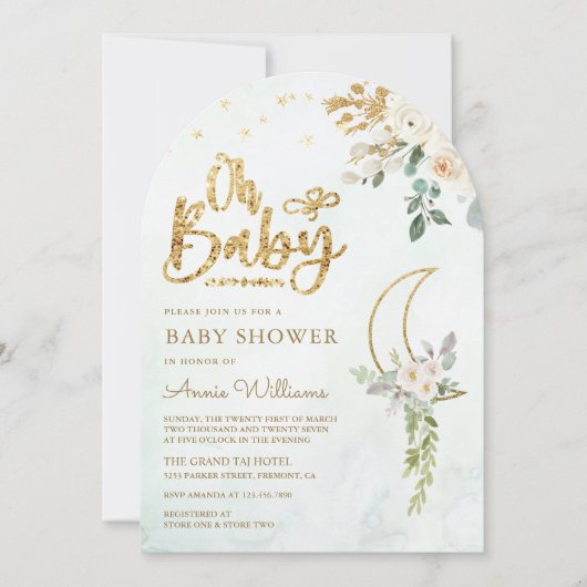 Sage Green Gold Ivoor Floral Moon Arch Baby shower Kaart (Voorkant)
