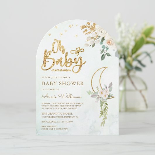 Sage Green Gold Ivoor Floral Moon Arch Baby shower Kaart (Staand voorkant)