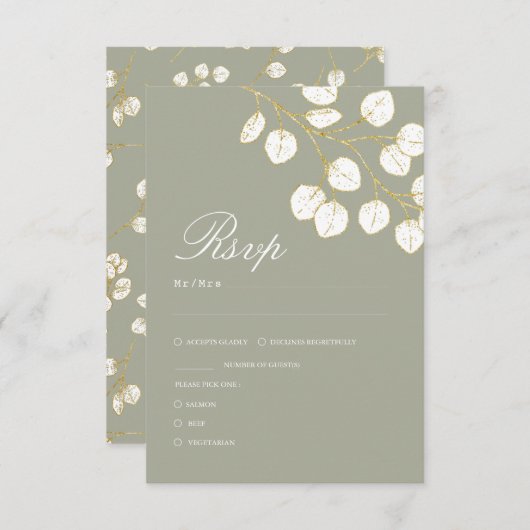 Sage Green Gold Leaves Greenery Wedding RSVP Kaartje (Voorkant / Achterkant)