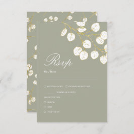 Sage Green Gold Leaves Greenery Wedding RSVP Kaartje