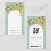 Sage Green Gold Leaves Moderne Arch QR Code Visitekaartje (Voorkant / Achterkant)