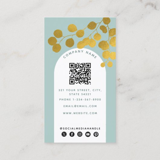Sage Green Gold Leaves Moderne Arch QR Code Visitekaartje (Achterkant)