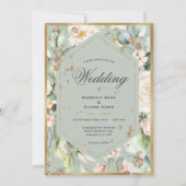 Sage Green Gold Lijst Waterverf Floral Wedding Kaart (Voorkant)