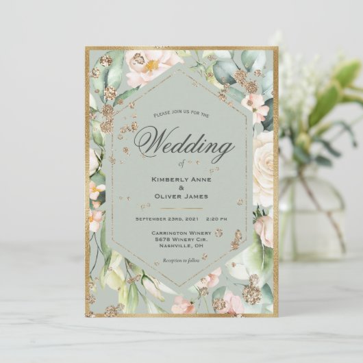 Sage Green Gold Lijst Waterverf Floral Wedding Kaart (Staand voorkant)