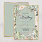 Sage Green Gold Lijst Waterverf Floral Wedding Kaart (Voorkant / Achterkant)