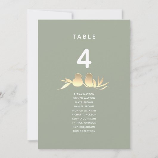 Sage Green Gold Love Birds Wedding Seating Chart (Voorkant)