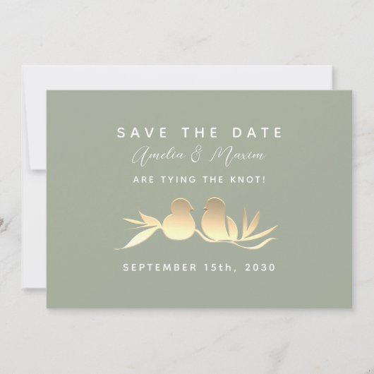 Sage Green Gold Lovebirds Save The Date (Voorkant)