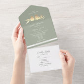 Sage Green Gold Lovebirds Wedding All In One Uitnodiging (Afscheurbaar)