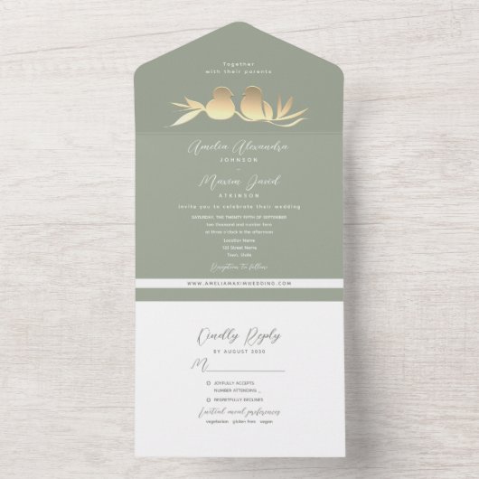 Sage Green Gold Lovebirds Wedding All In One Uitnodiging (Binnen)