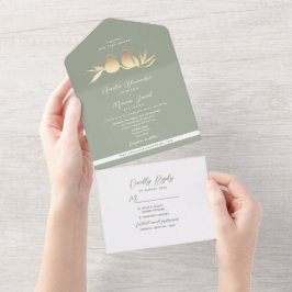 Sage Green Gold Lovebirds Wedding All In One Uitnodiging