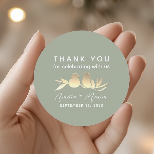 Sage Green Gold Lovebirds Wedding Ronde Sticker