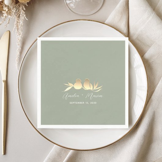 Sage Green Gold Lovebirds Wedding Servet