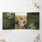 Sage Green Gold Olive Leaves Branch Photo Wedding Drieluik Uitnodiging (Binnen)