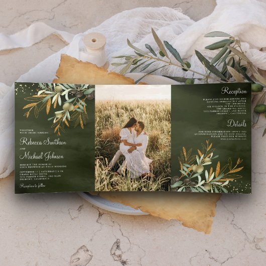 Sage Green Gold Olive Leaves Branch Photo Wedding Drieluik Uitnodiging