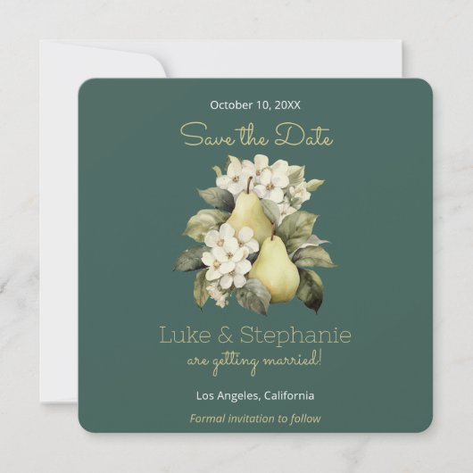 Sage Green & Gold Pear Square Bewaar de datumkaart Save The Date (Voorkant)