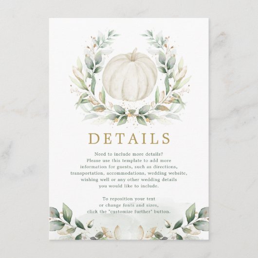 Sage Green Gold Pumpkin Greenery Wedding Details Informatiekaartje (Voorkant)