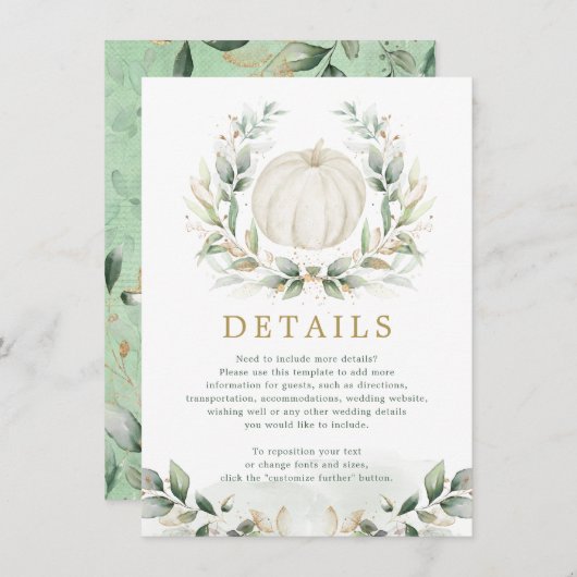 Sage Green Gold Pumpkin Greenery Wedding Details Informatiekaartje (Voorkant / Achterkant)