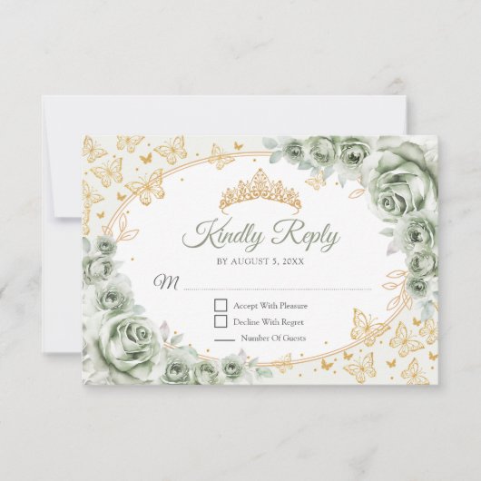 Sage Green Gold Quinceanera Reply RSVP Kaartje (Voorkant)