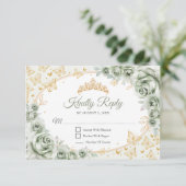 Sage Green Gold Quinceanera Reply RSVP Kaartje (Staand voorkant)