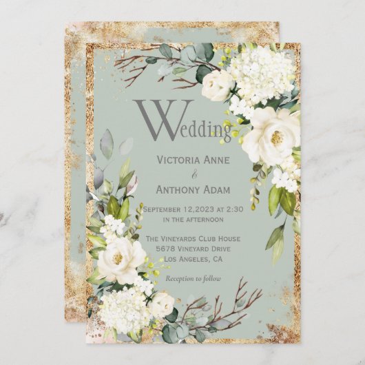 Sage Green Gold Rustic Floral Wedding Invitation Kaart (Voorkant / Achterkant)